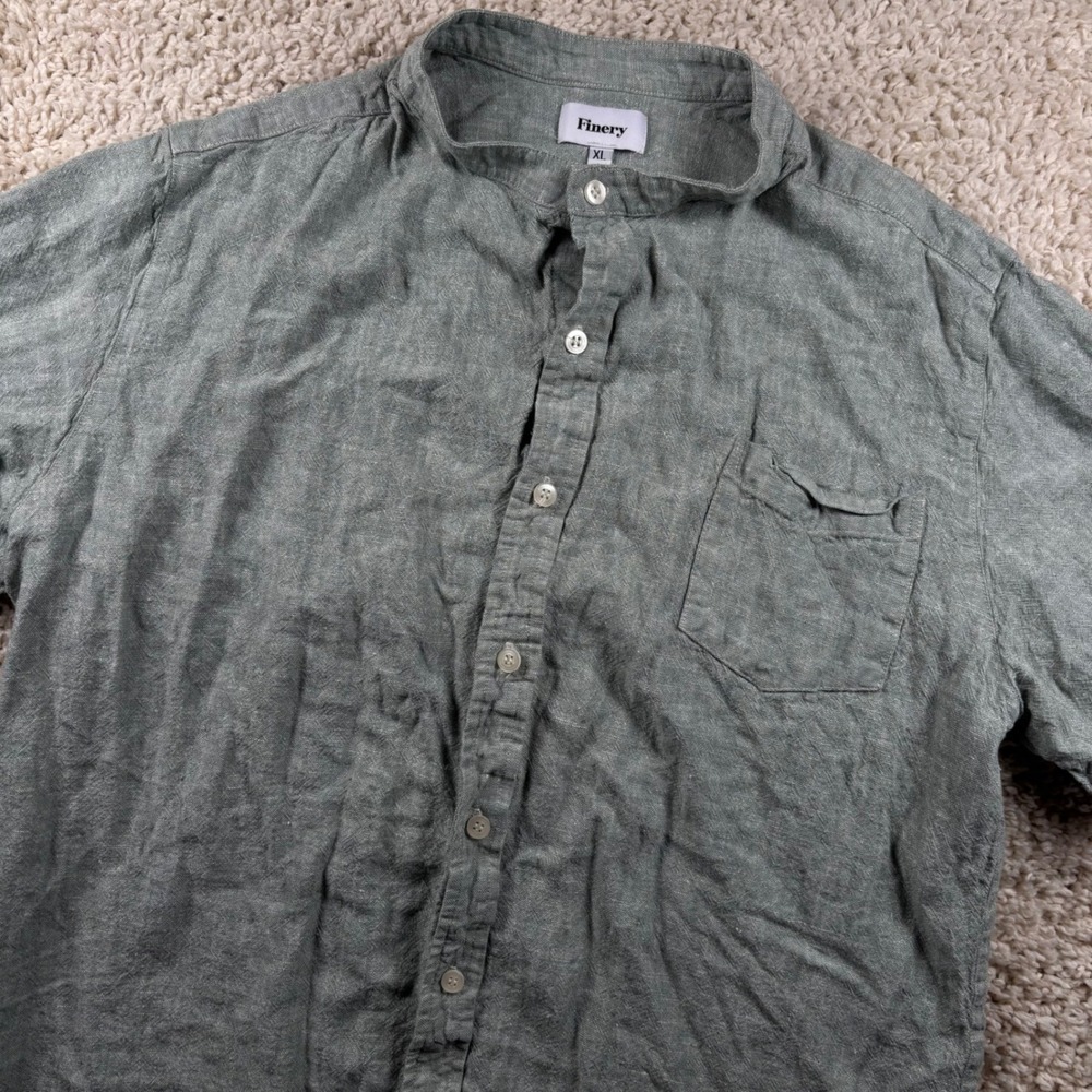 Finery Mens Shirt XL Green Linen Blend Band Collar Short Sleeve Coastal USA Made